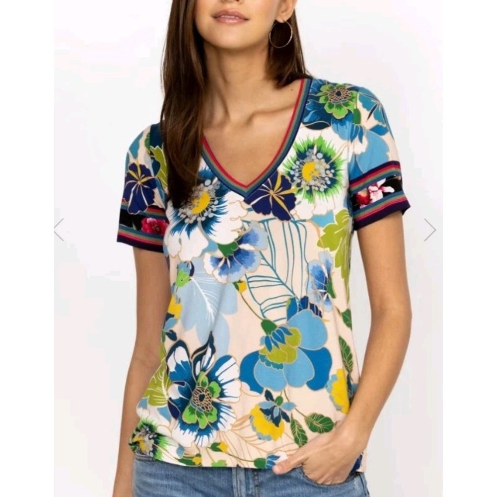 Johnny Was Janie Favorite Short Sleeve V neck Tee Womens XL Floral Bamboo Boho